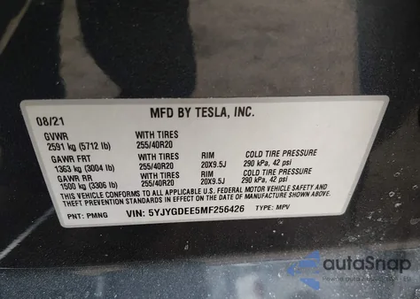 2021 Tesla Model Y Long Range Dual Motor All-Wheel Drive from USA, damaged, VIN 5YJYGDEE5MF256426